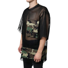 Black mesh shirt with camouflage pattern on a white background