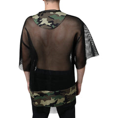 Person wearing a black mesh shirt with camouflage patterns on a white background
