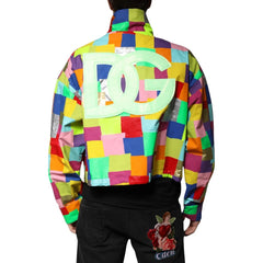 Colorful checkered jacket with DG logo on a white background