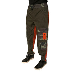 Green and orange cargo pants with camouflage patches on a white background
