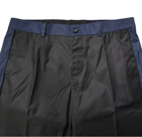 Black pants with a blue waistband on a white background