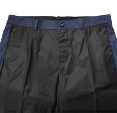Black pants with a blue waistband on a white background