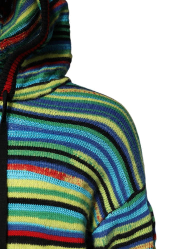 Multicolored striped hoodie with a hood on a white background