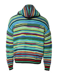 A knitted pullover hoodie with horizontal multicolor stripes in blue, green, yellow, red, orange, and black, shown from the back on a white background.