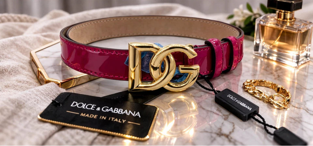Red belt with gold buckle on a white background