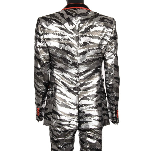 Silver and black camouflage suit jacket on a white background