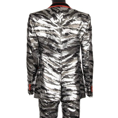 Silver and black camouflage suit jacket on a white background