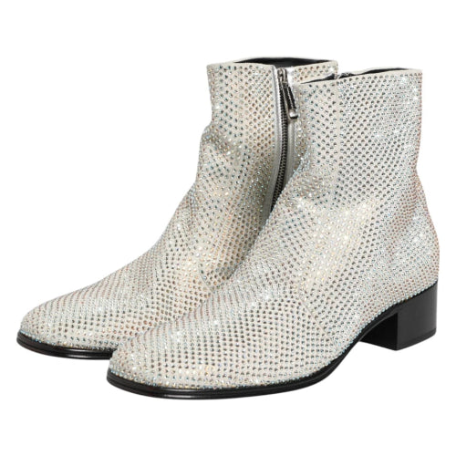 A pair of women's silver snakeskin-patterned ankle boots with low block heels, shown from a front-three-quarter angle on a white background.