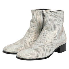 A pair of women's silver snakeskin-patterned ankle boots with low block heels, shown from a front-three-quarter angle on a white background.