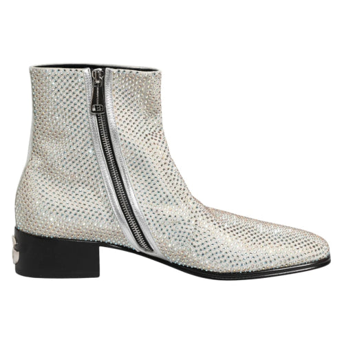 A low-heeled ankle boot with a textured silver snakeskin pattern and a black side zipper, shown against a plain white background.