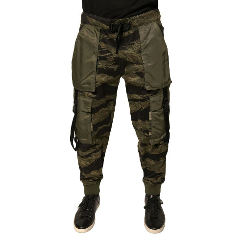 Camouflage cargo pants on a white background