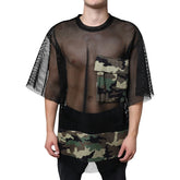 Person wearing a black mesh shirt with camouflage patterns on a white background