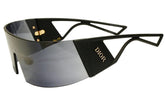 Sunglasses with a reflective lens on a white background