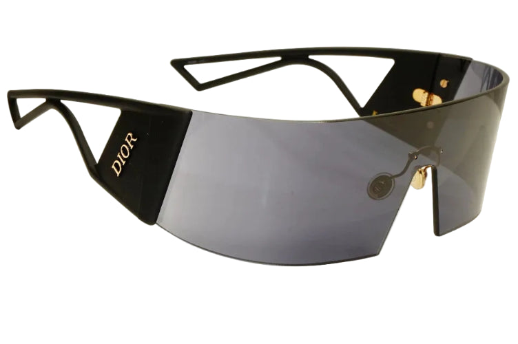 Sunglasses with a reflective lens and black frame on a white background