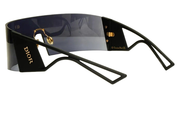 Black sunglasses with gold accents on a white background