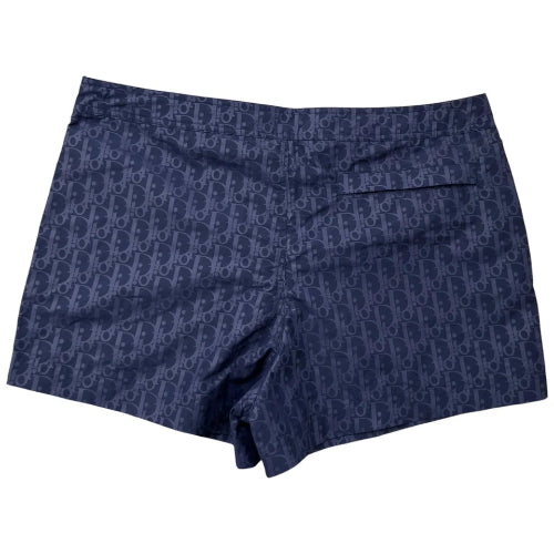 Navy blue shorts with a pattern on a white background