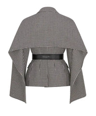 A structured gray wrap jacket with a wide collar and a black belt at the waist, shown against a plain white background.