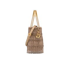 A mini Dior Nolita bucket bag in nude satin with gold-tone beaded fringe, featuring a matching leather strap and a Dior logo charm, shown on a light gray background with product text below.