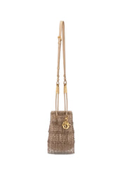 Brown leather handbag with a long strap on a white background
