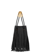 A black fringed leather shoulder bag with gold-tone metal handle accents, shown against a plain light gray background.