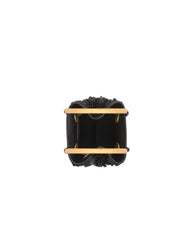 A black leather cuff bracelet with a wide, structured rectangular design, featuring two horizontal gold-tone metal bars and a textured beaded top edge, shown from a top-down view on a light gray background.