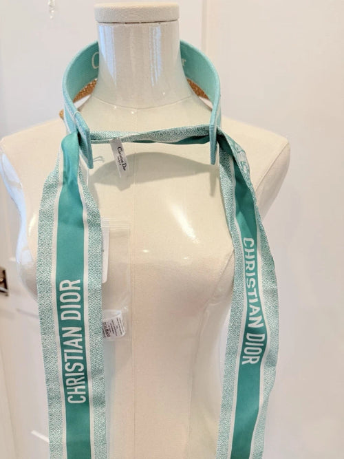 Teal Christian Dior scarf on a mannequin with a white background