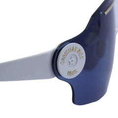 Close-up of a blue tool with a circular component