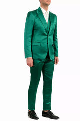 Green suit worn by a person on a white background