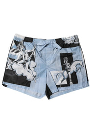 Denim shorts with graphic designs on a white background