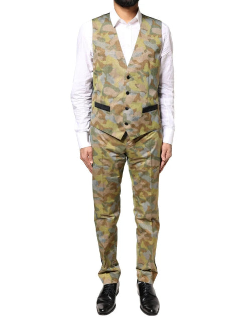 Camouflage suit with vest and pants on a white background
