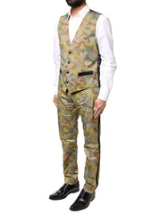 Camouflage suit vest and pants worn by a person on a white background