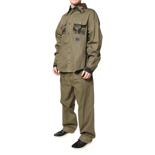 Olive green shirt and pants set on a white background