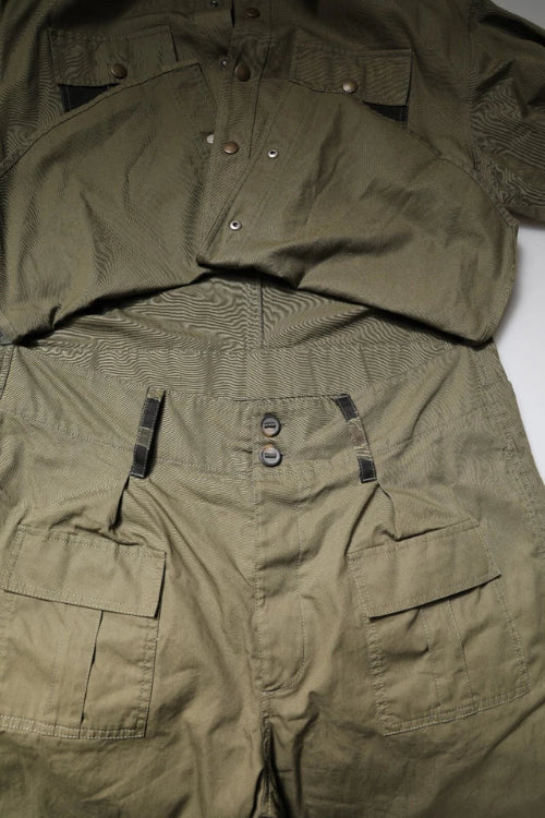 Olive green military-style jacket and pants on a white background