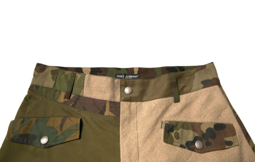 Camouflage-patterned pants with a brand label on a white background