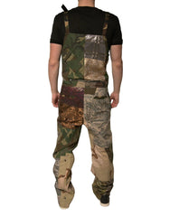 Camouflage overalls worn by a person on a white background