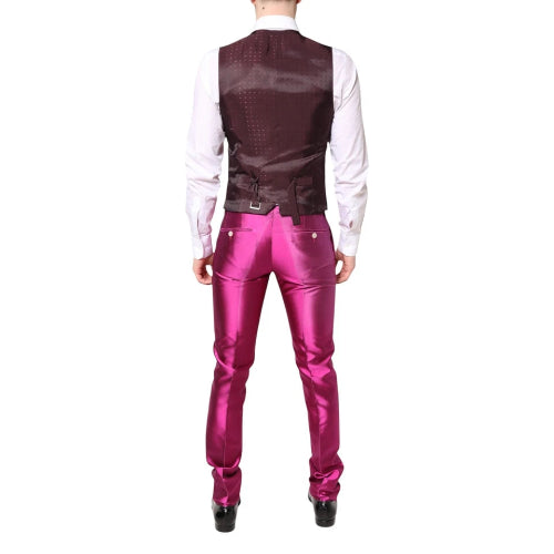 Person wearing a white shirt, brown vest, and pink pants on a white background