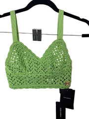 Green crochet bralette on a hanger with a visible brand tag.