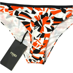 Fendi branded swim briefs with a colorful abstract pattern on a white background
