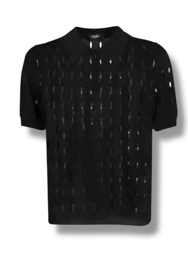 Black t-shirt with geometric pattern on a white background