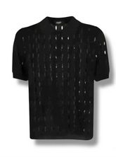 Black t-shirt with geometric pattern on a white background