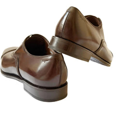A pair of men's brown leather dress shoes shown from the side and back angles on a plain white background.