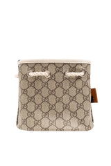 Beige patterned pouch with a brand logo on a beige background