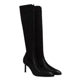 Black knee-high boot with detailed design on a white background