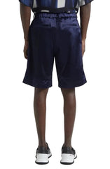 Person wearing navy shorts on a white background