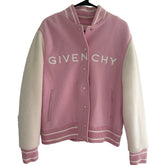 Pink and white Givenchy jacket on a hanger against a white background