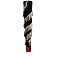 Christian Louboutin Bolcheva 120 Black Gold Fringe Thigh High Boot