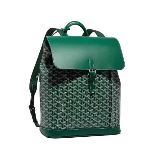 Green backpack with patterned front section on a light gray background