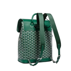 Green and patterned backpack on a light gray background