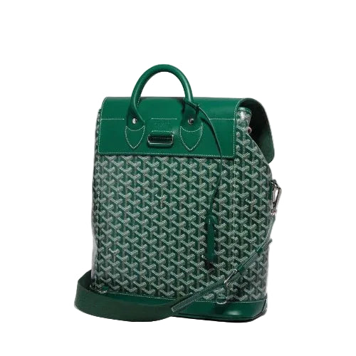 Green backpack with a geometric pattern on a white background