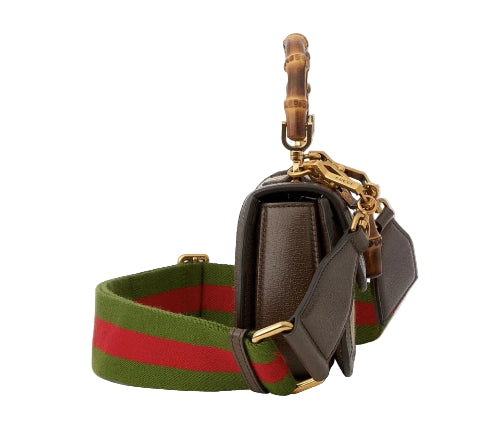 Brown handbag with a green and red striped strap on a light gray background